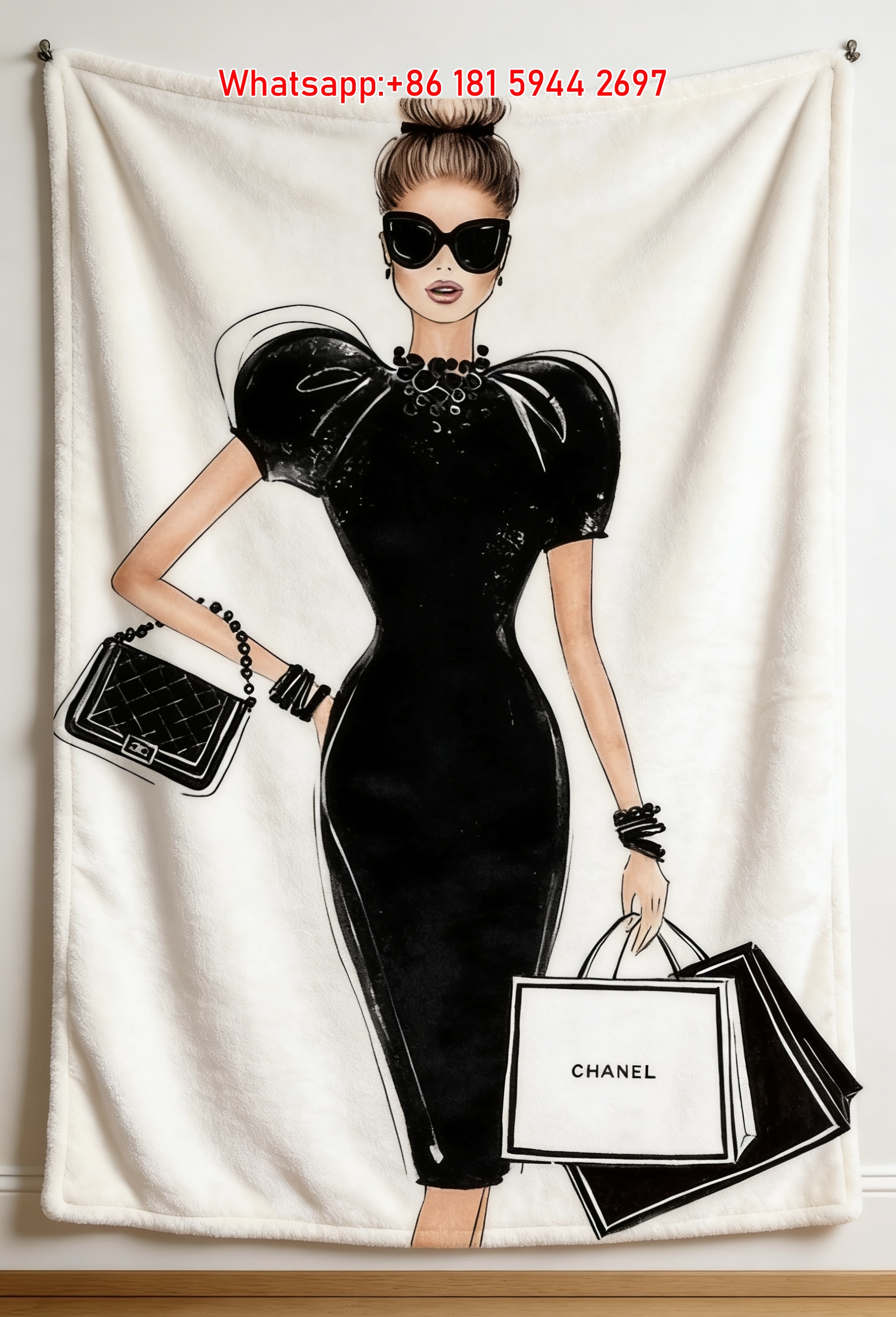 Chanel Fashion Shopping Girl Illustration Flannel Sofa Throw Blanket IMG_6754